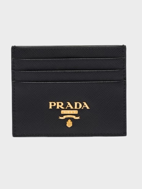 Prada Accessories - Prada Black Saffiano Leather Card Holder with Gold Logo Plaque